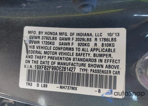 2013 Honda Civic Ex-L z USA, uszkodzony, nr VIN 19XFB2F99DE281427